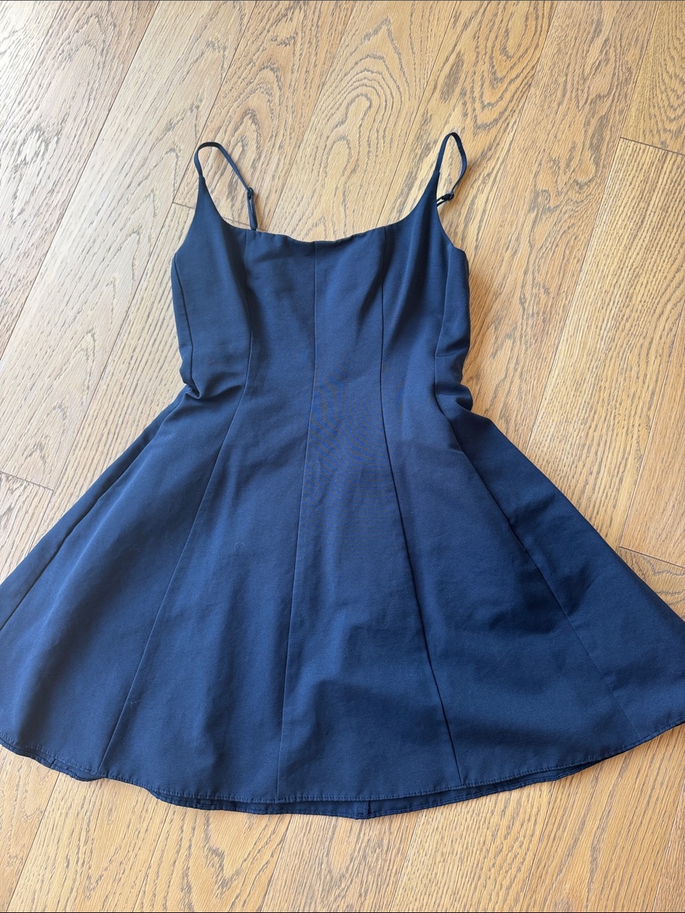STAUD Navy Blue Mini Skater Dress with Spaghetti Straps